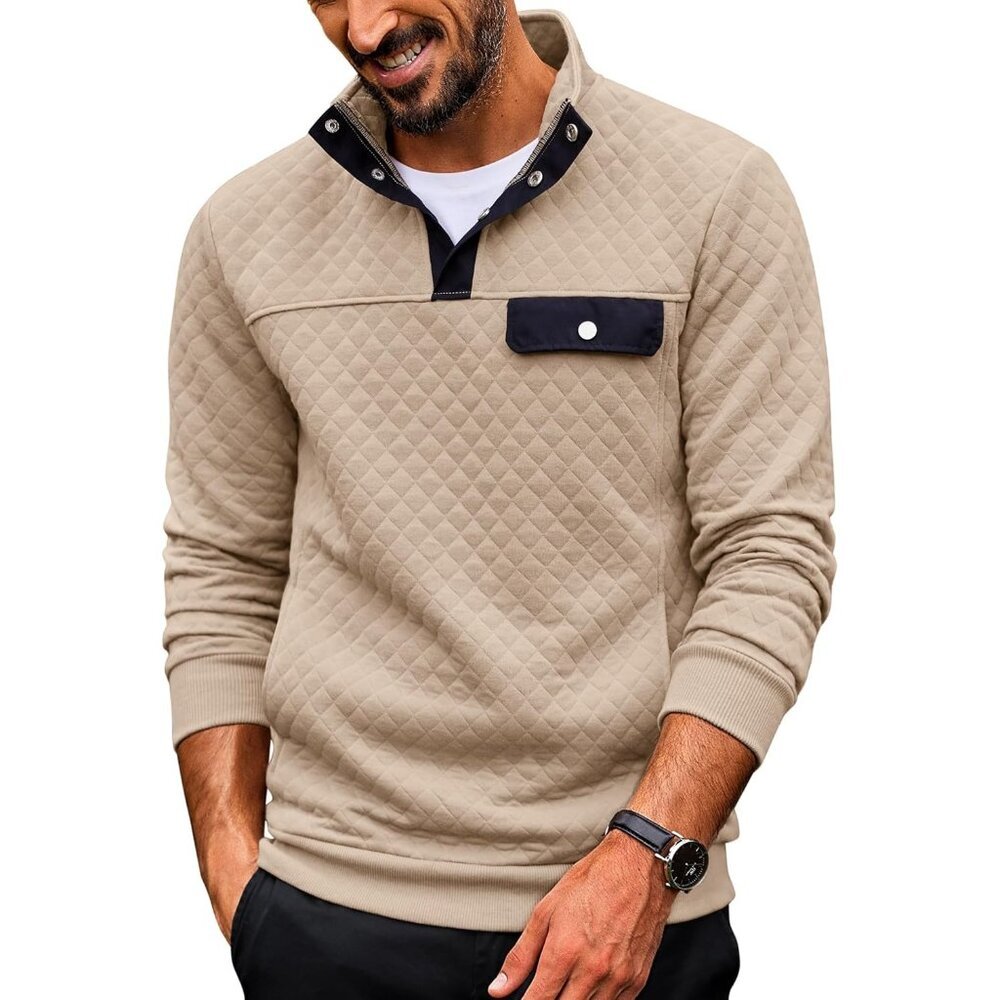 Men's Sweatshirt Quarter Button Pullover Sweatshirt Stand Collar Polo Khaki